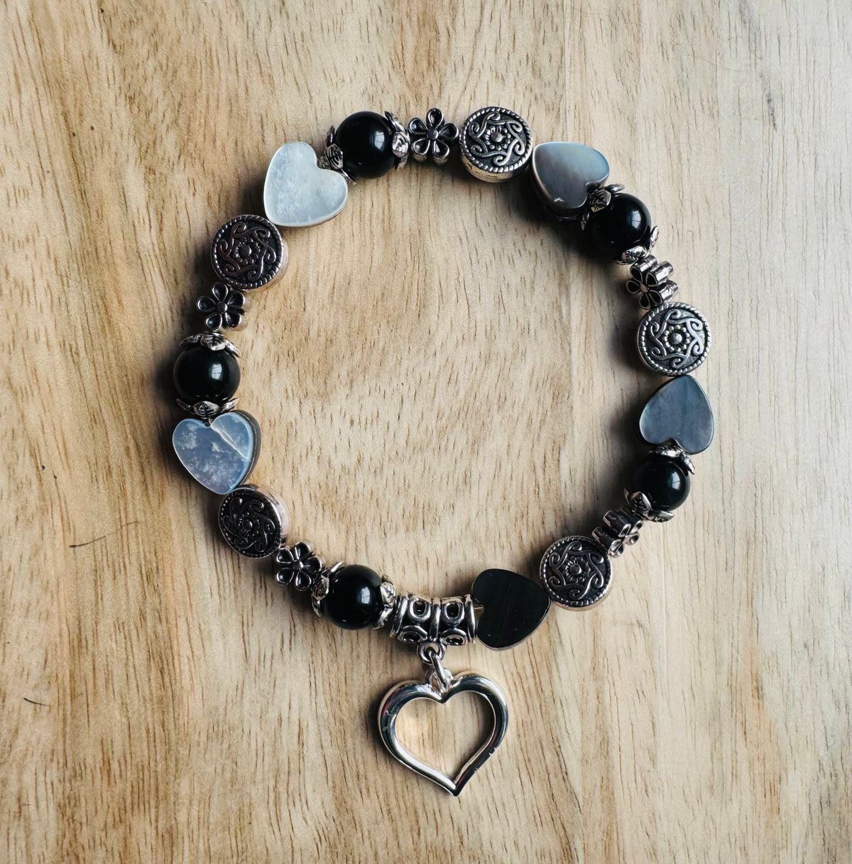 Black Obsidian Mother of Pearl Heart Charm Bracelet