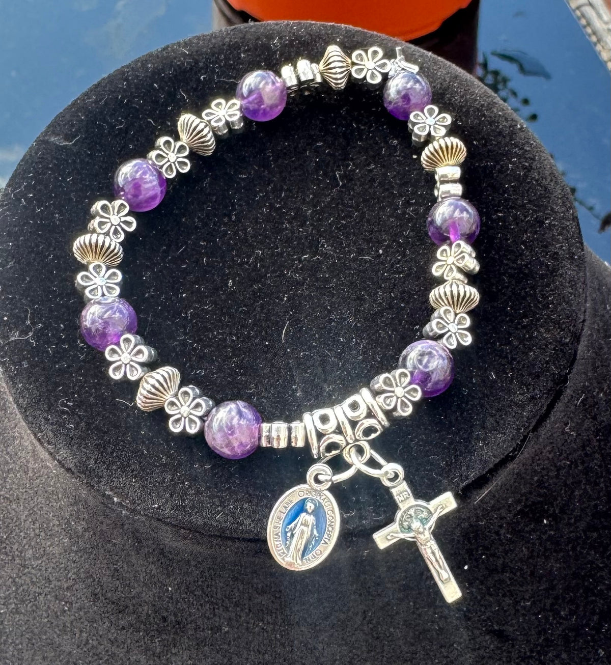 Dark Amethyst Miraculous Medal and Crucifix Bracelet