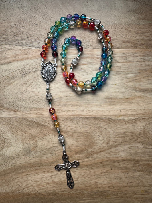 Rainbow Crackled Glass Rosary