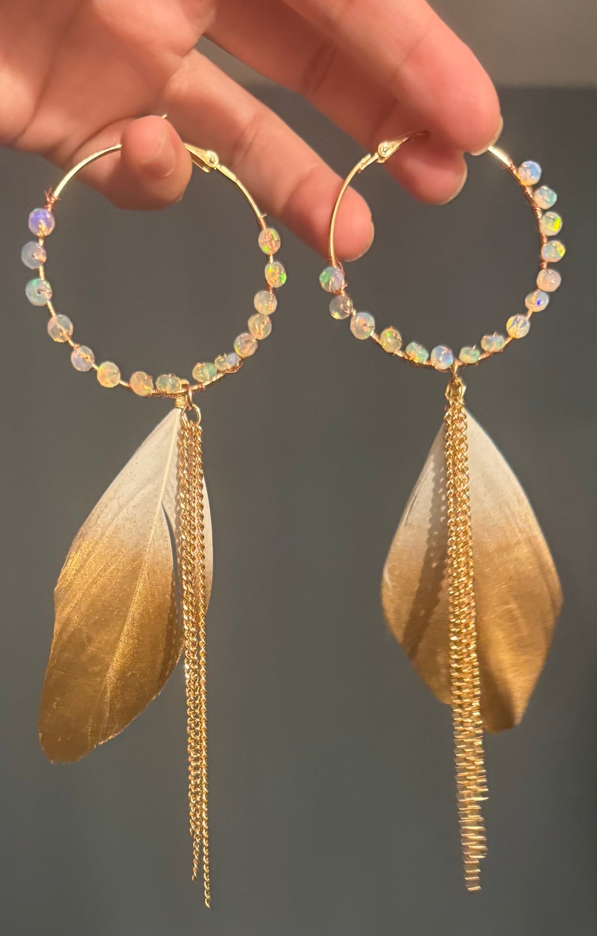50mm Ethiopian Opal & Feather Hoop Earrings