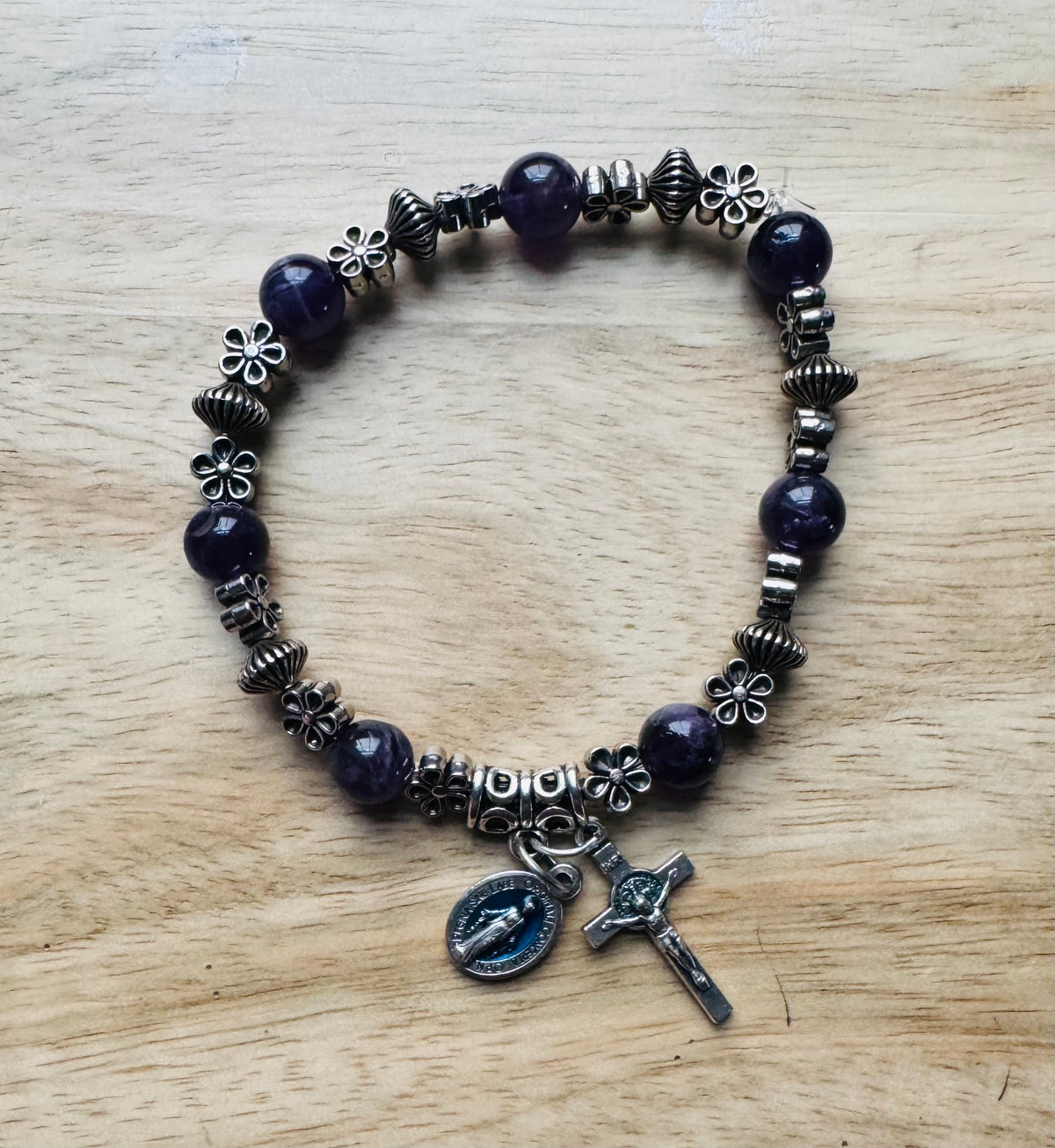 Dark Amethyst Miraculous Medal and Crucifix Bracelet