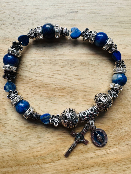 Lapis Lazuli Miraculous Medal and Crucifix Bracelet